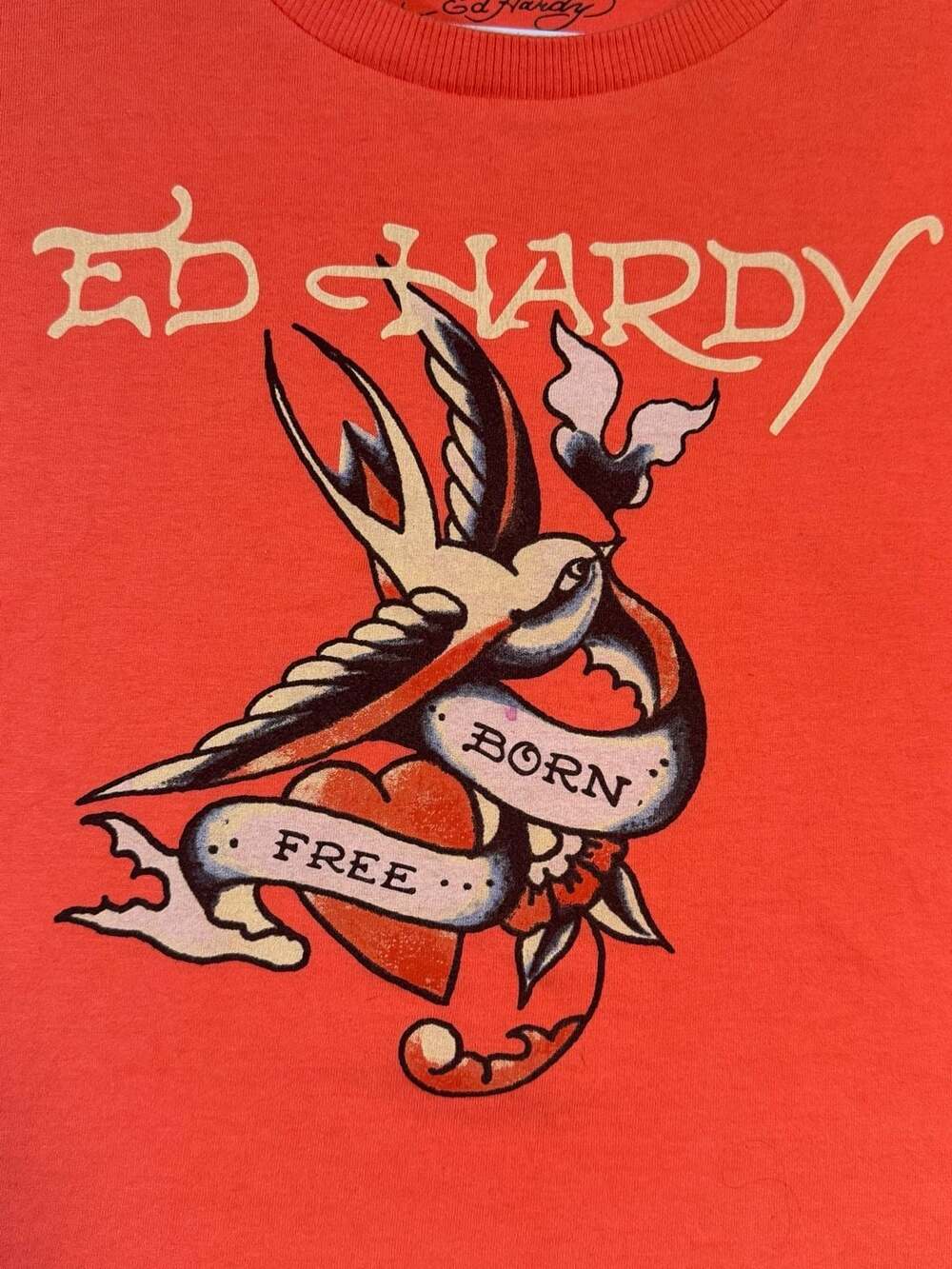 Ed Hardy Y2K Style Baby Tee Crop Top XL Orange Tattoo Graphic Swallow Womens - Picture 4 of 8